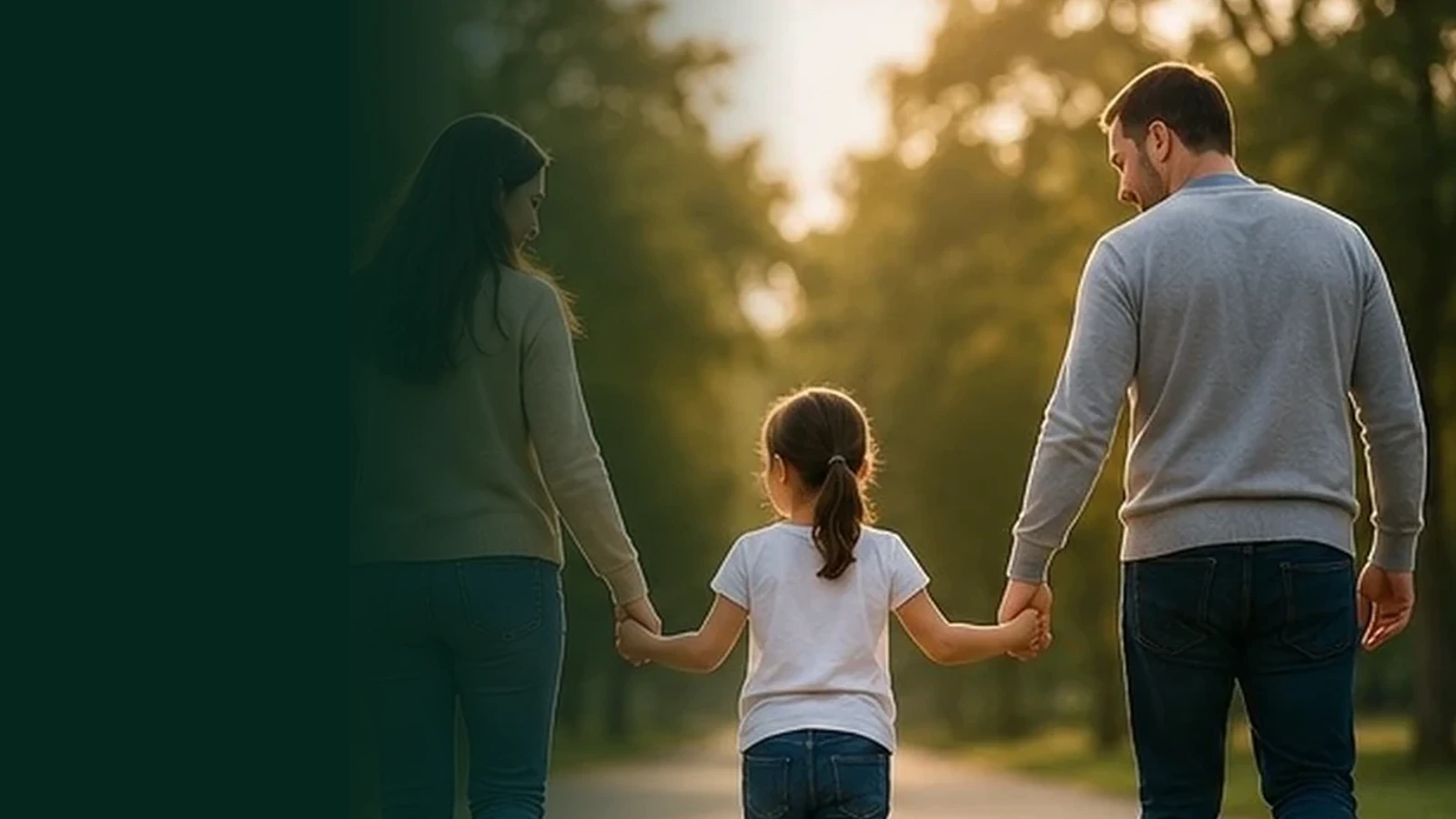 Família caminhando em um parque, representação de guarda compartilhada